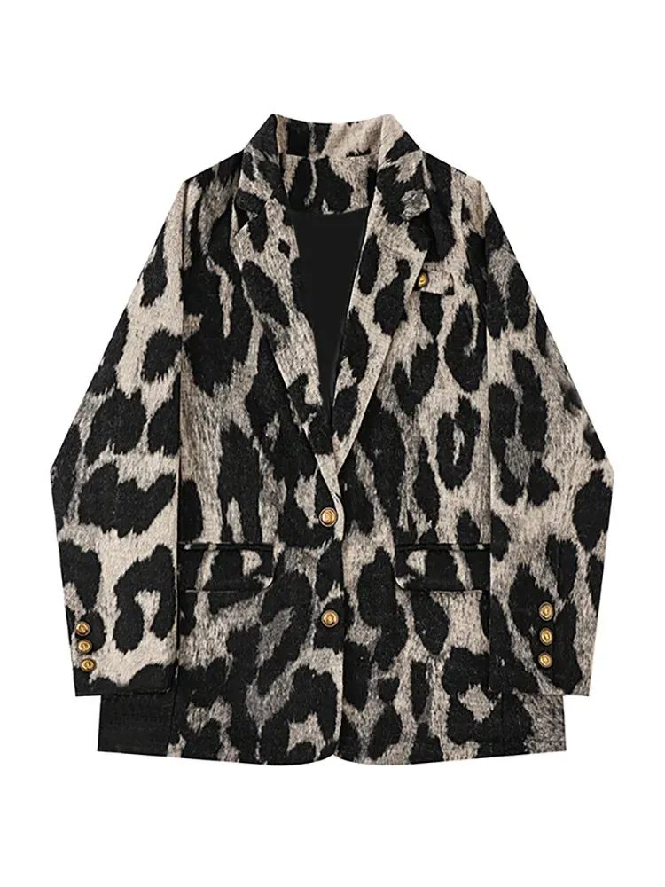 Women's Leopard Print Blazer Loose Casual Vintage Suit Jacket