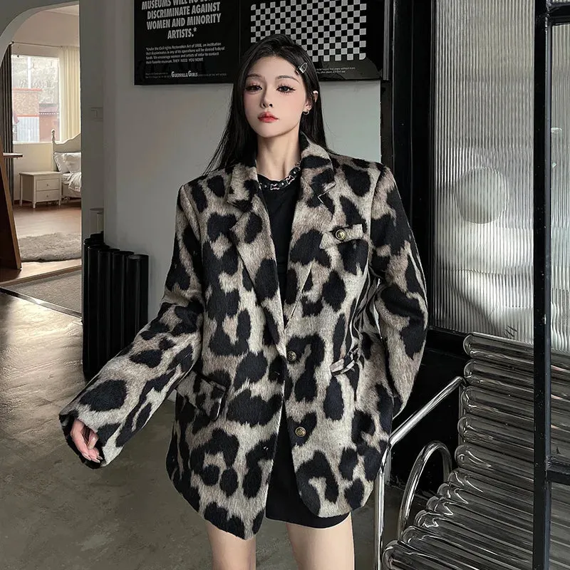 Women's Leopard Print Blazer Loose Casual Vintage Suit Jacket