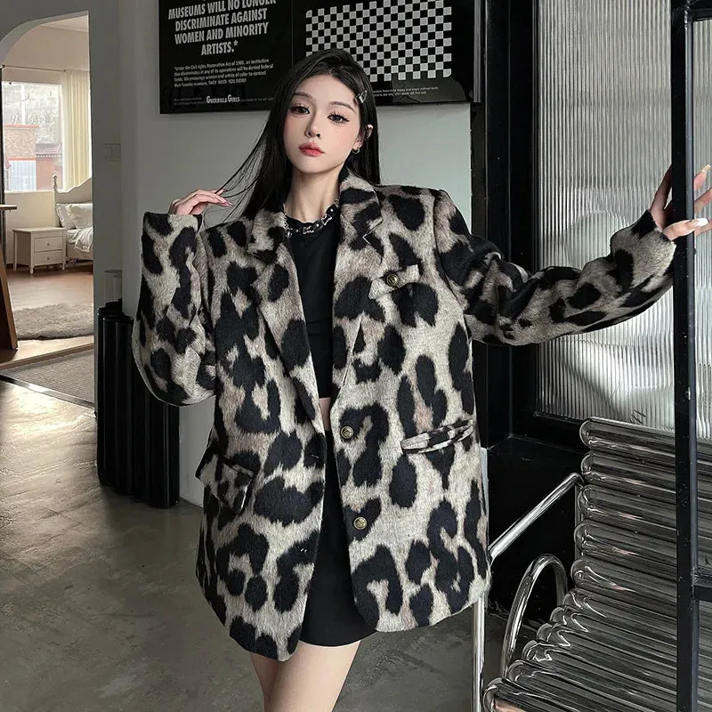 Women's Leopard Print Blazer Loose Casual Vintage Suit Jacket