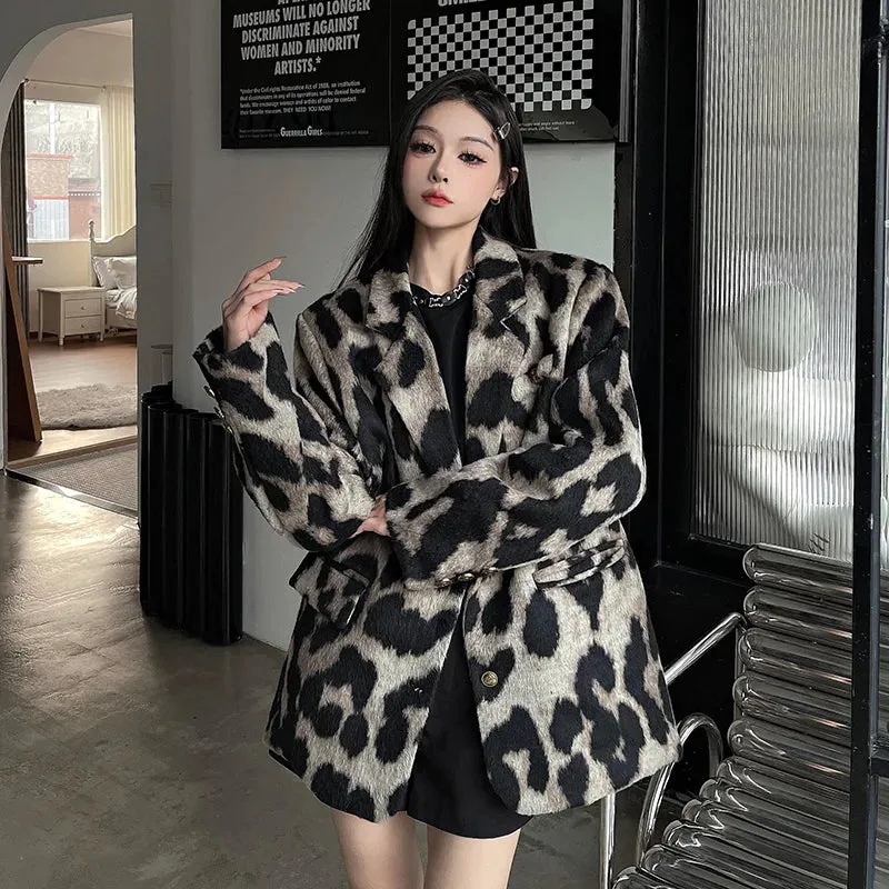 Women's Leopard Print Blazer Loose Casual Vintage Suit Jacket