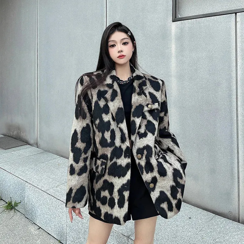 Women's Leopard Print Blazer Loose Casual Vintage Suit Jacket