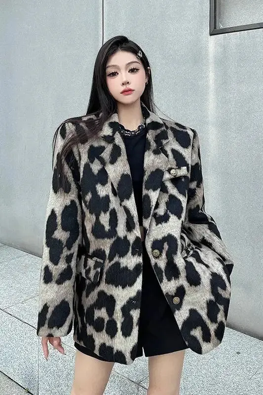 Women's Leopard Print Blazer Loose Casual Vintage Suit Jacket
