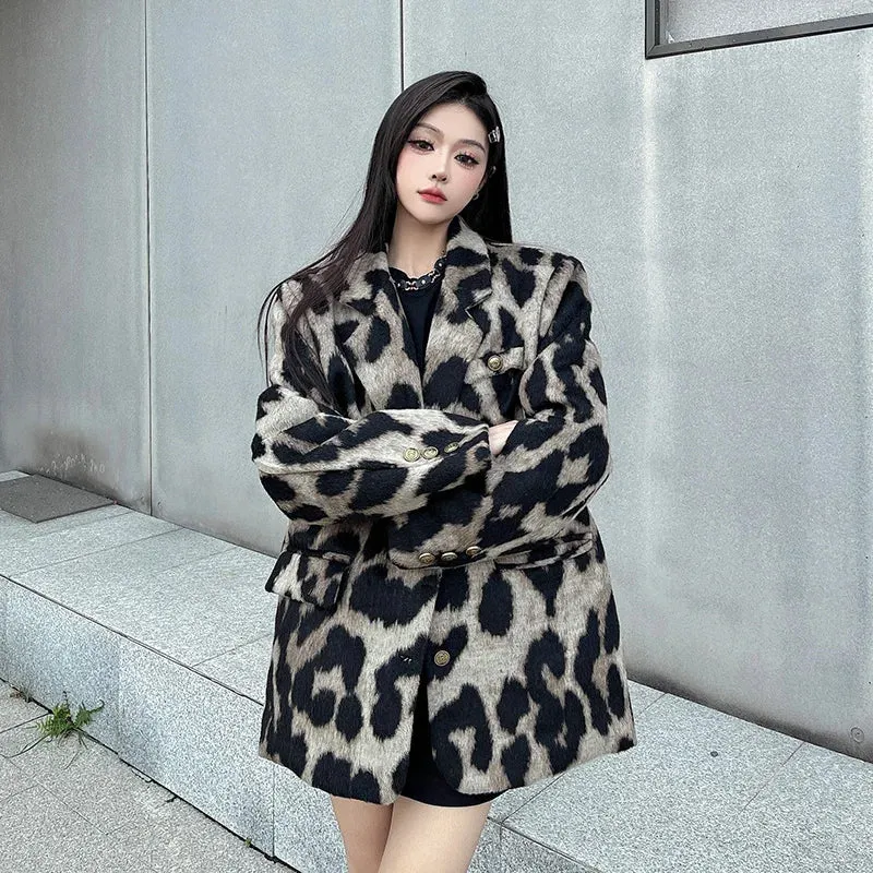 Women's Leopard Print Blazer Loose Casual Vintage Suit Jacket