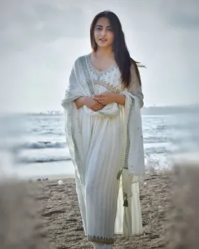 Womens Rayon White Alia Cut A-Line Kurta Pant and Dupatta With Fancy Potli Set