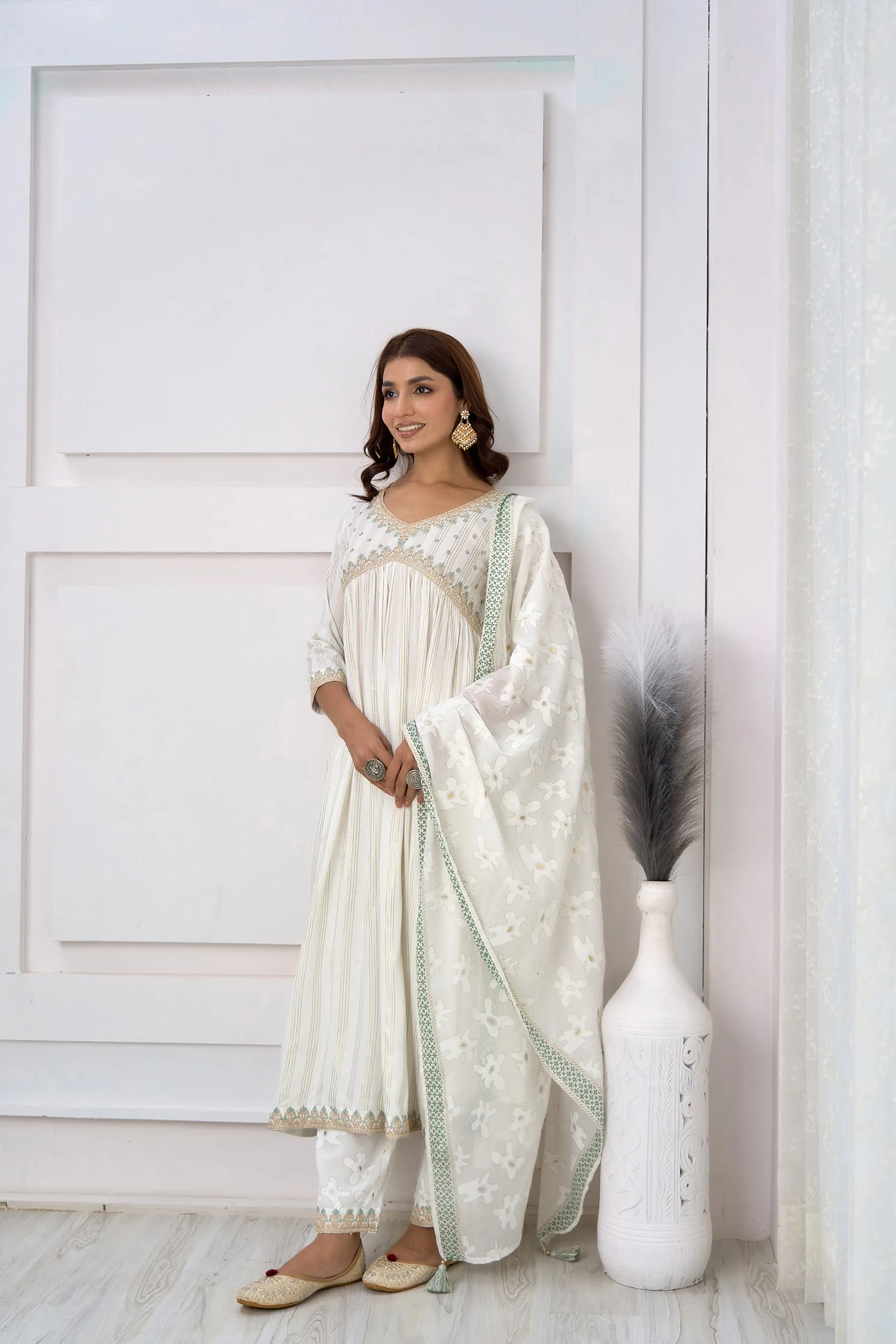 Womens Rayon White Alia Cut A-Line Kurta Pant and Dupatta With Fancy Potli Set