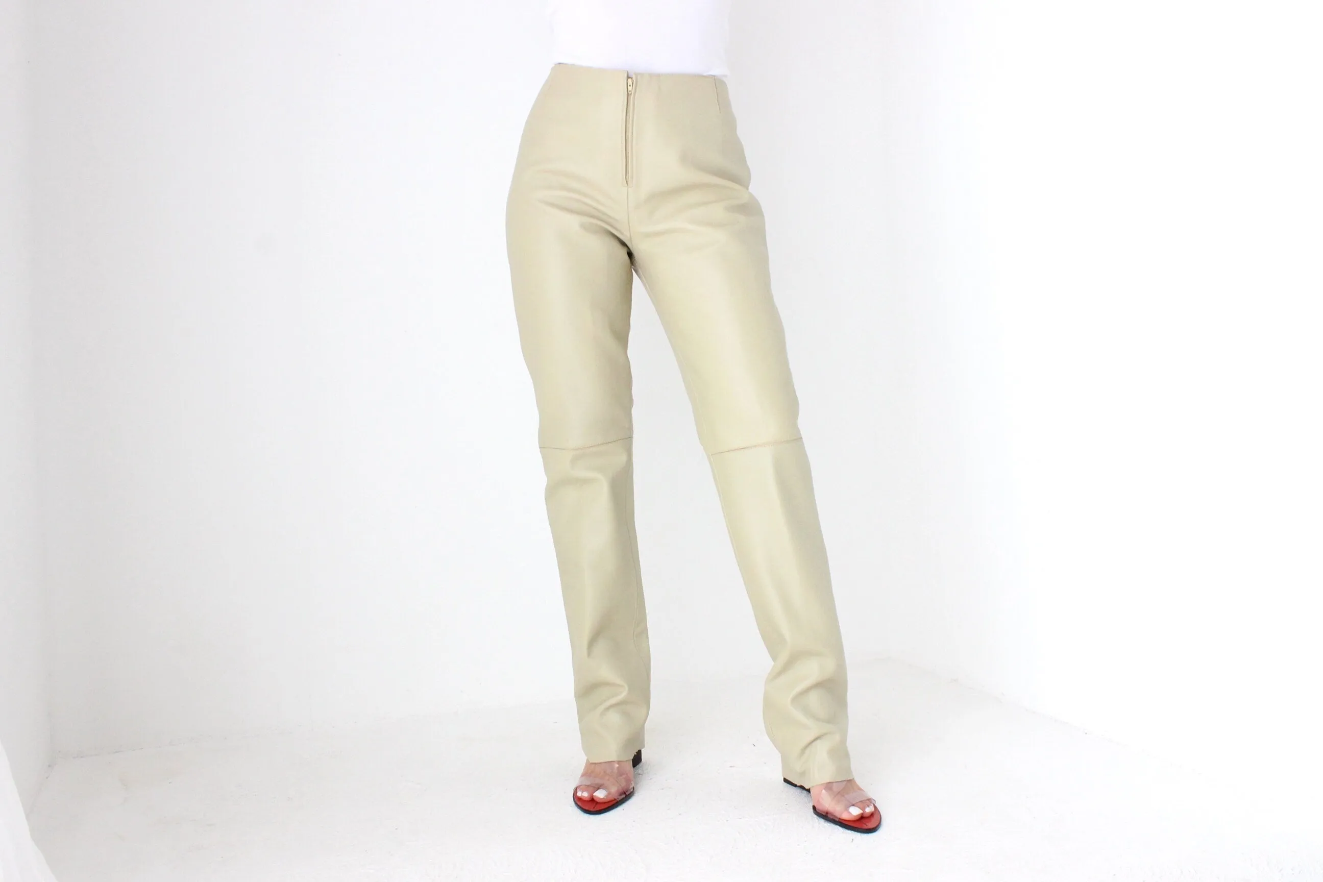 Y2K Neutral Beige Vinyl High Waist Bootcut Pants