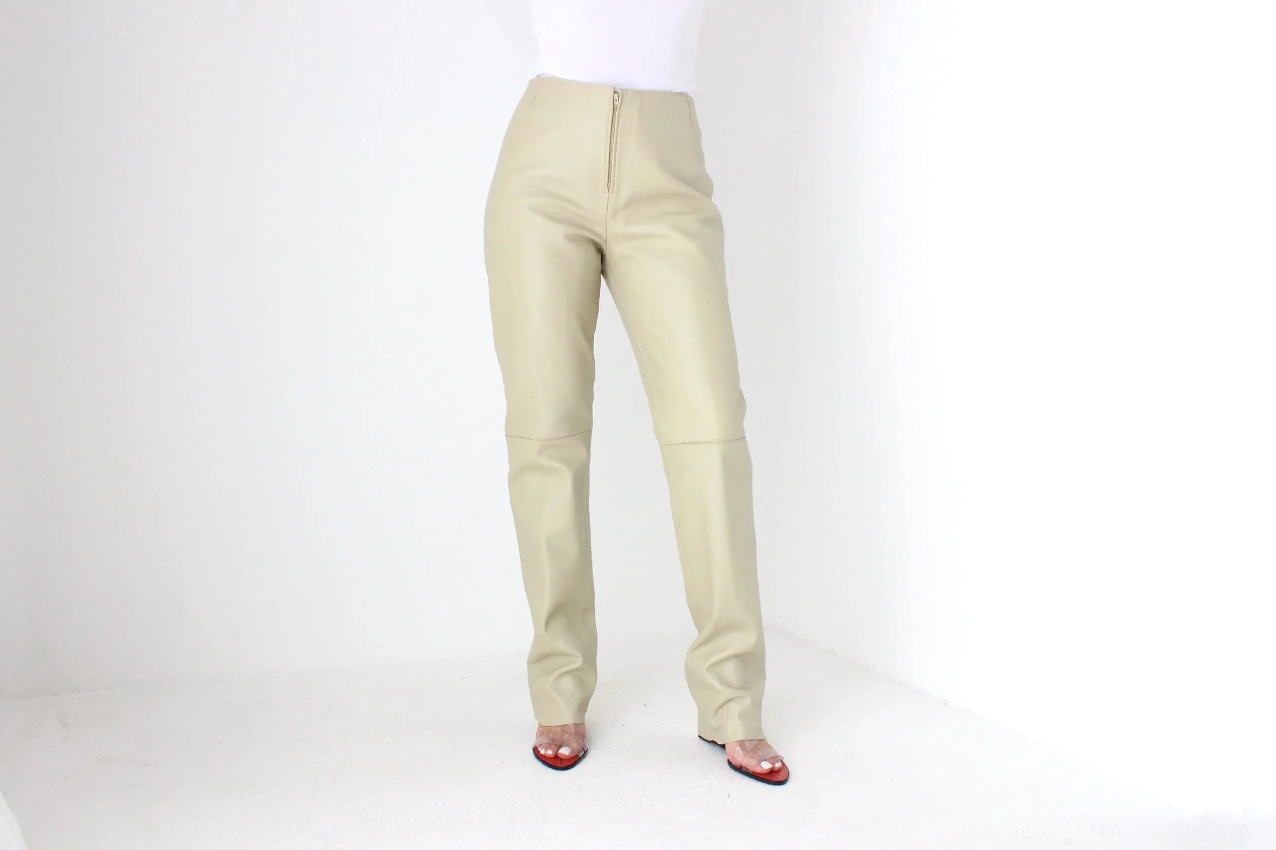 Y2K Neutral Beige Vinyl High Waist Bootcut Pants
