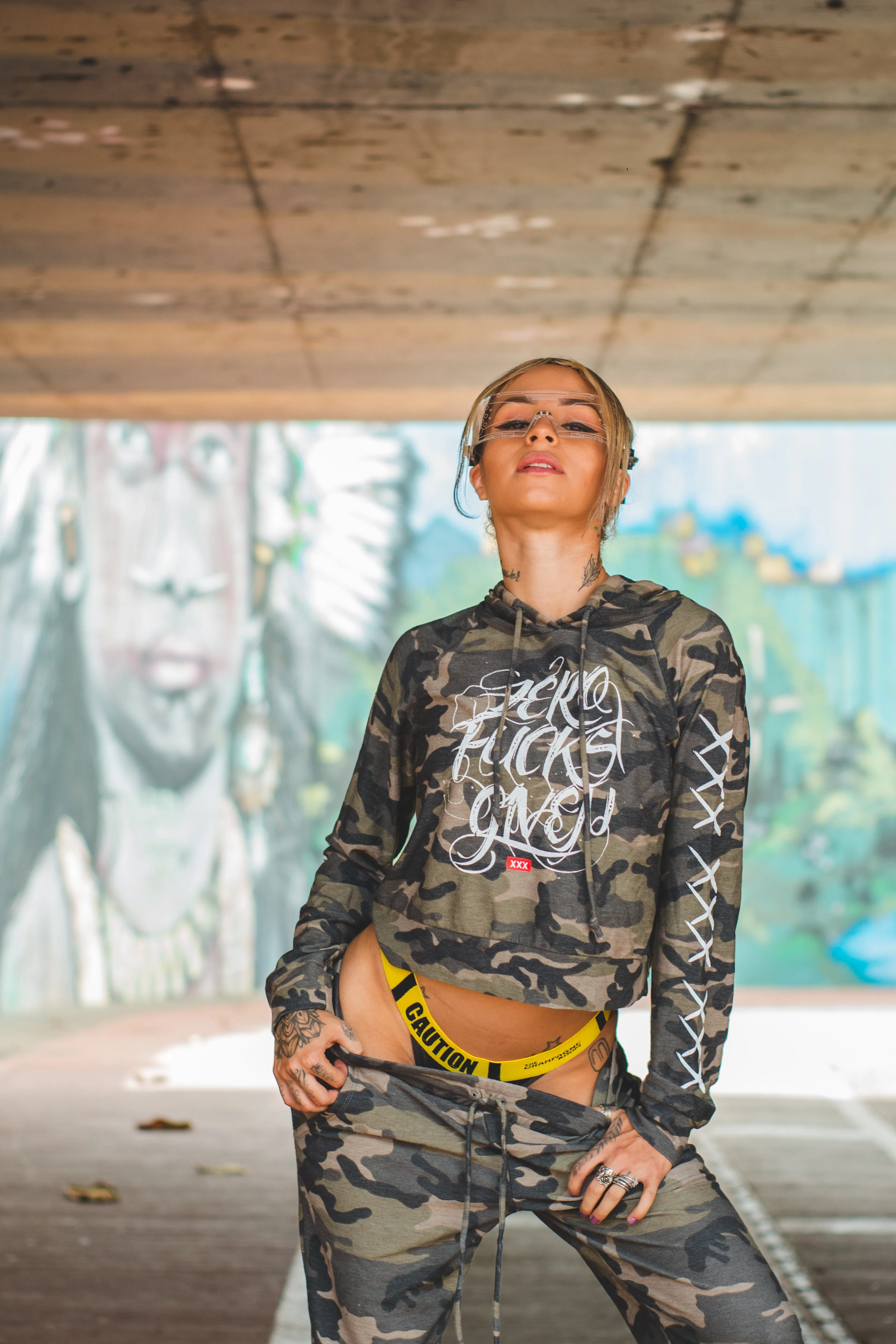 ZERO FUCKS GIVEN - WOMENS CAMO CROPPED HOODIE