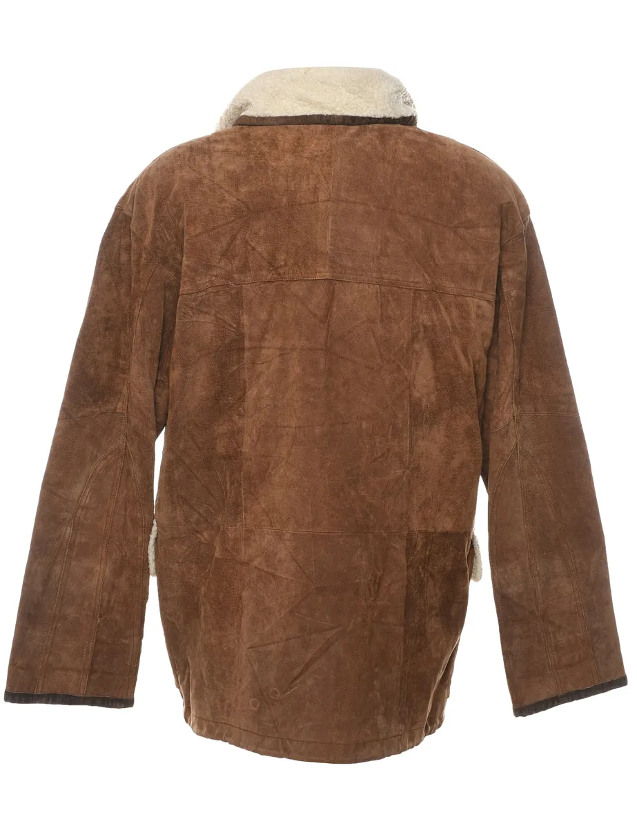 Zip Front Brown Shearling Lined Suede Jacket - M