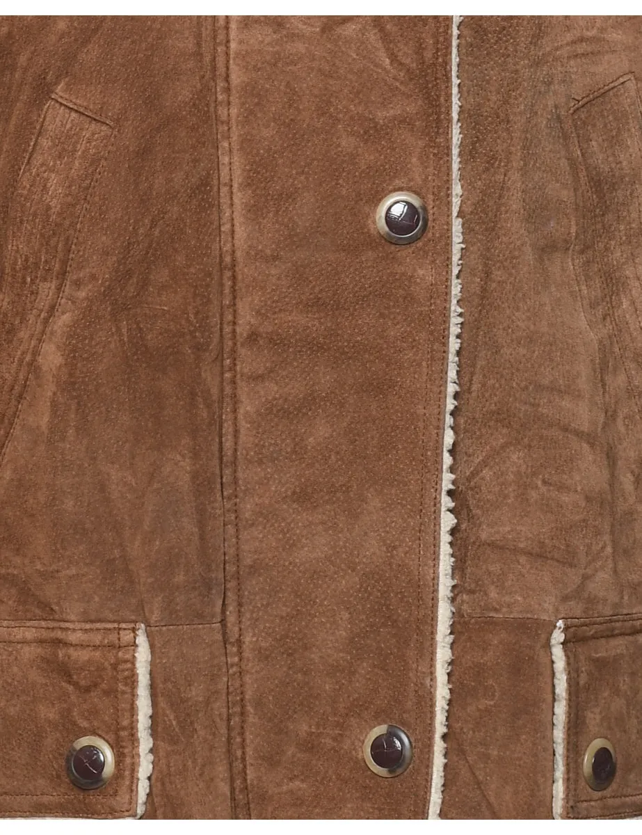 Zip Front Brown Shearling Lined Suede Jacket - M